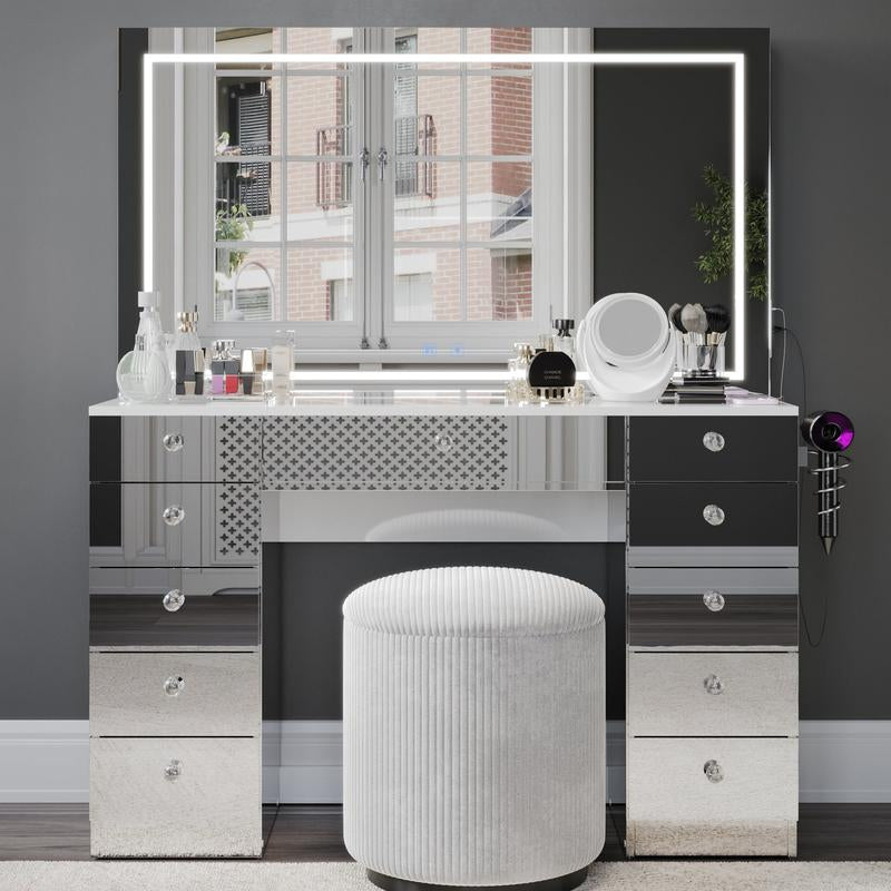 Amelia Premium Makeup Vanity Desk with Full-Width and Illuminated LED Mirror, Bluetooth Speakers, and 11 Storage Drawers | Boahaus Vanity