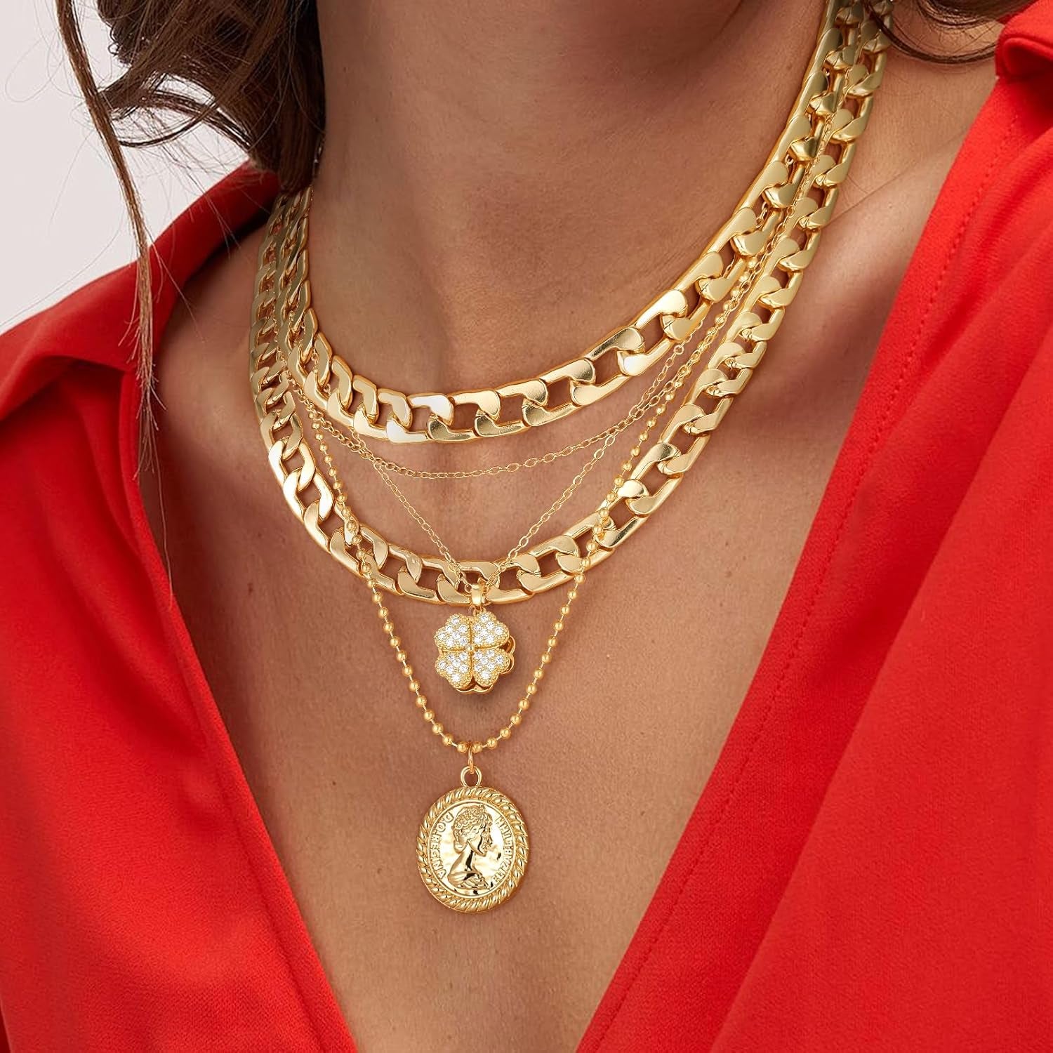 Gold Layered Necklaces for Women Trendy Retro Coin Pendant Necklace Dainty Chunky Chain Choker Necklaces for Jewelry Birthday Gifts
